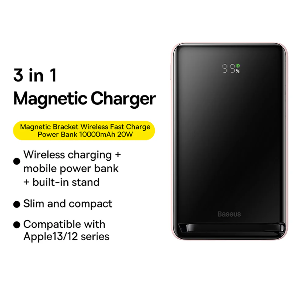 Baseus Magnetic Bracket Wireless Fast Charge Power Bank 10000mAh 20W - Pink - Image 2