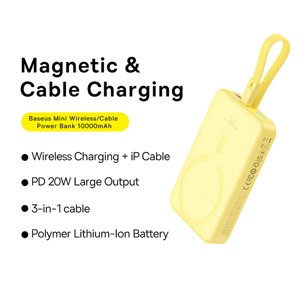 Baseus Magnetic Mini Wireless Fast Charging Power Bank for iP 10000mAh 20W Fresh Lemon Yellow - Overseas Edition - Image 2