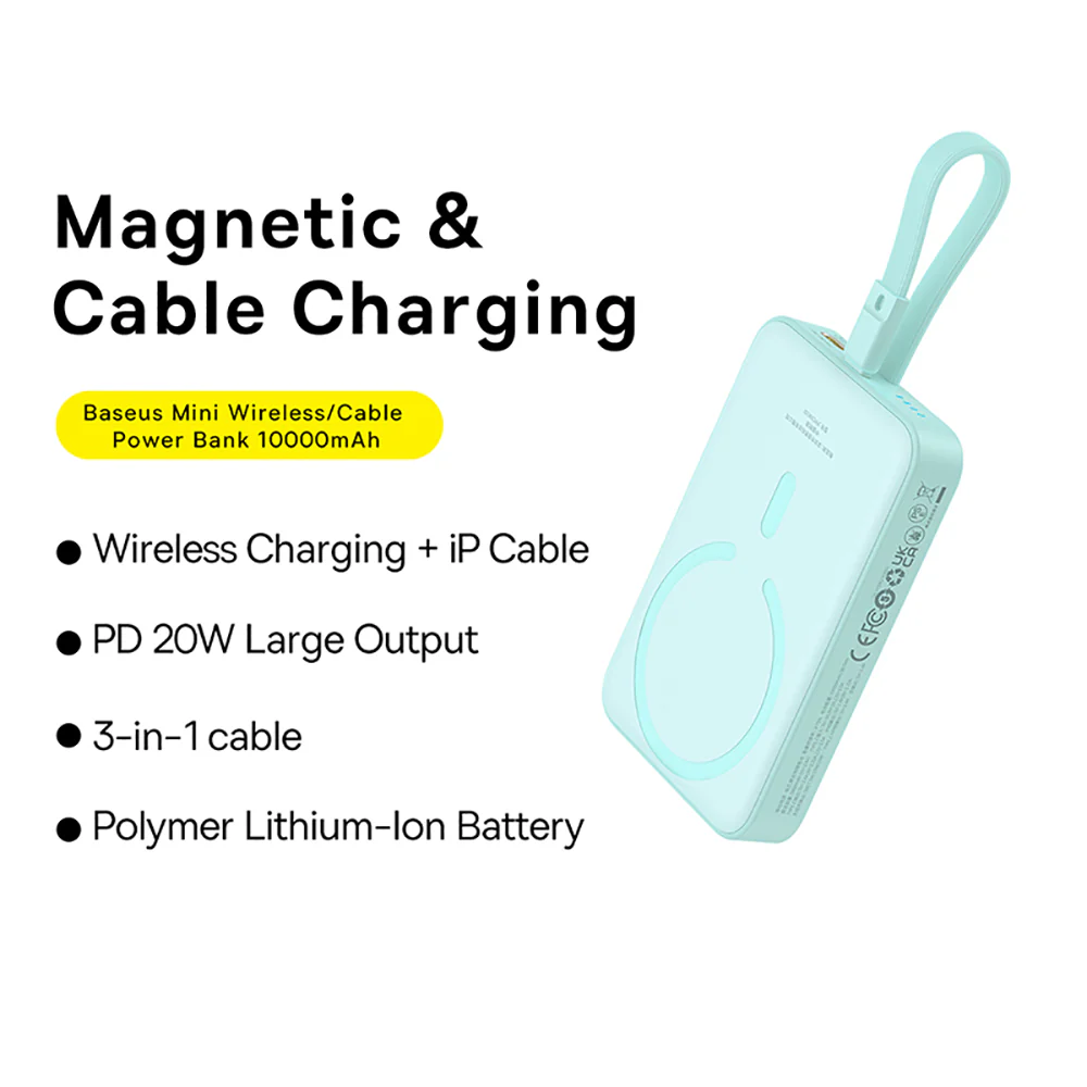 Baseus Magnetic Mini Wireless Fast Charging Power Bank for iPhone 10000mAh 20W Mint Green - International Version - Image 2