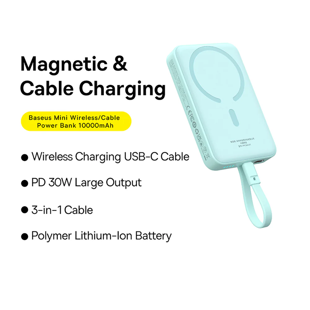 Baseus Magnetic Mini Wireless Fast Charging Power Bank Type-C 10000mAh 30W Mint Green - Image 2