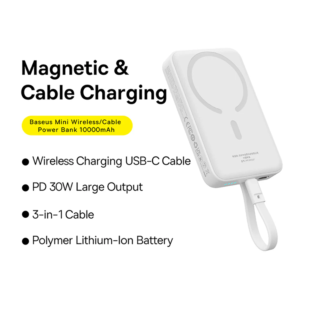 Baseus Magnetic Mini Wireless Fast Charging Power Bank Type-C 10000mAh 30W Starlight White - Image 2