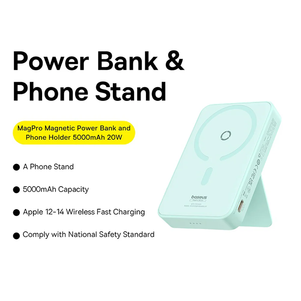 Baseus MagPro Magnetic Wireless Charging Power Bank and Stand 5000mAh 20W Mint Green - Image 2