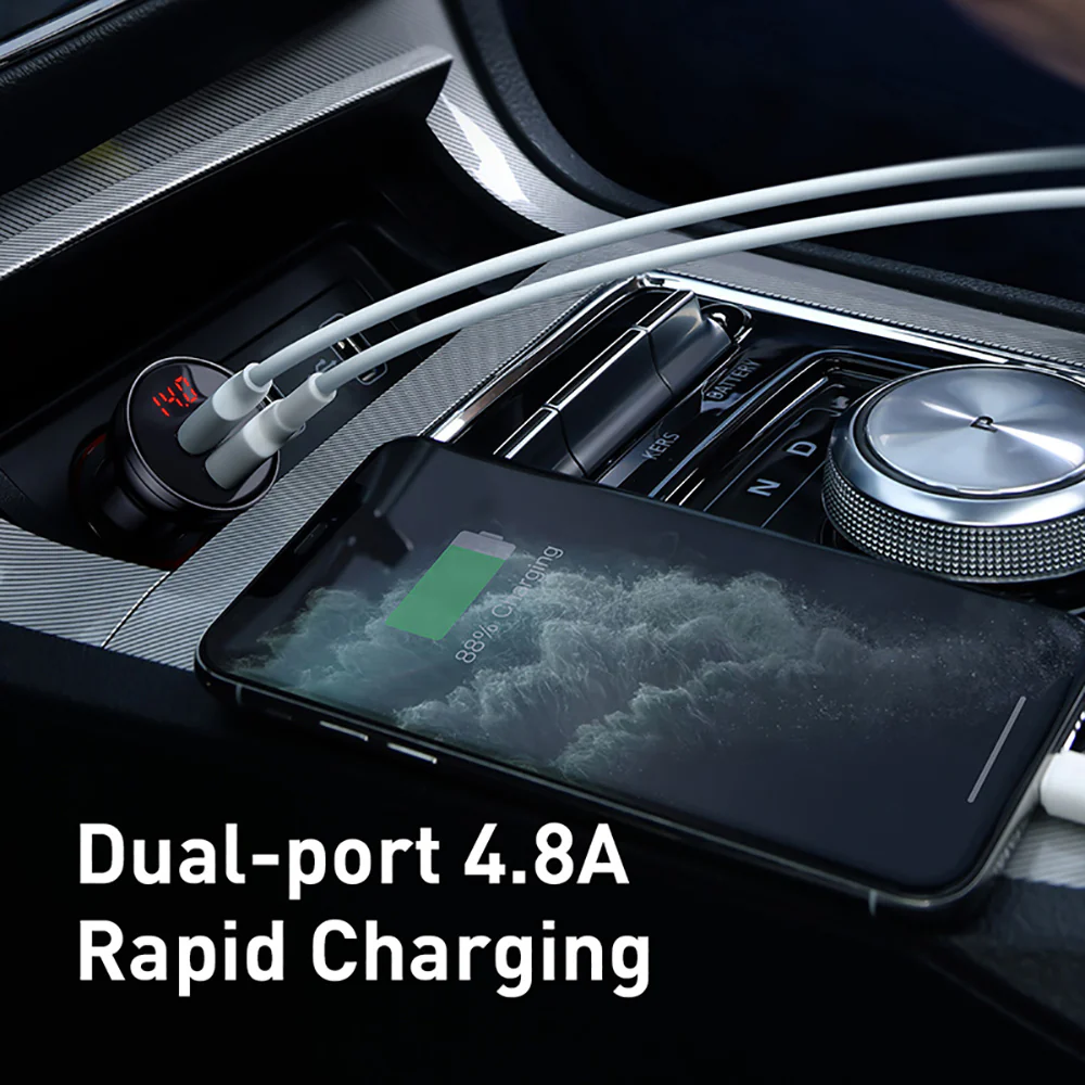 Baseus Metal Digital Display Dual USB Car Charger 24W - Dark Gray - Image 2