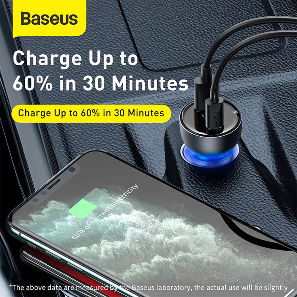 Baseus Metal Digital Display QC+PPS Fast Car Charger C+U 65W Set - Deep Space Gray - Image 3