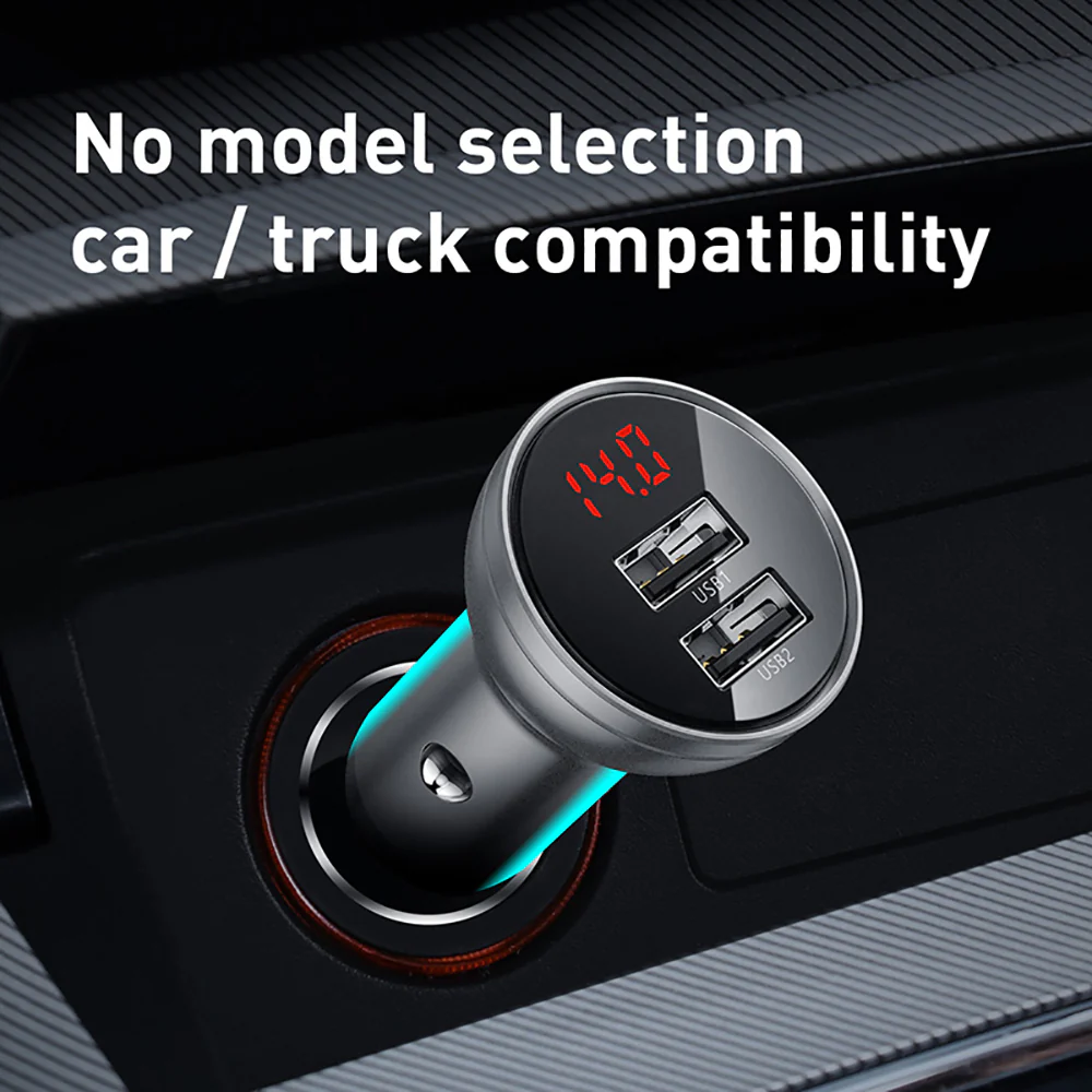 Baseus Metal Dual USB Car Charger with Digital Display 24W - Moonlight Silver - Image 4