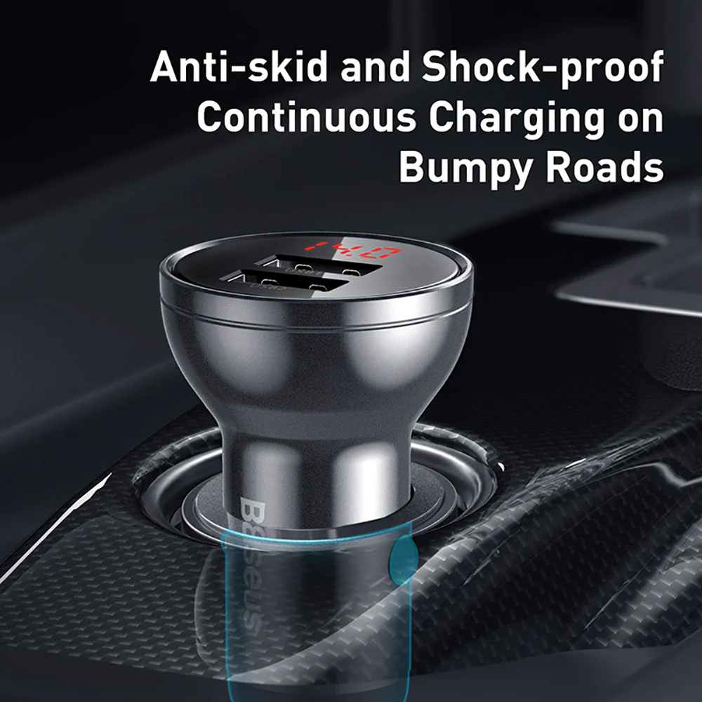 Baseus Metal Dual USB Car Charger with Digital Display 24W - Moonlight Silver - Image 5