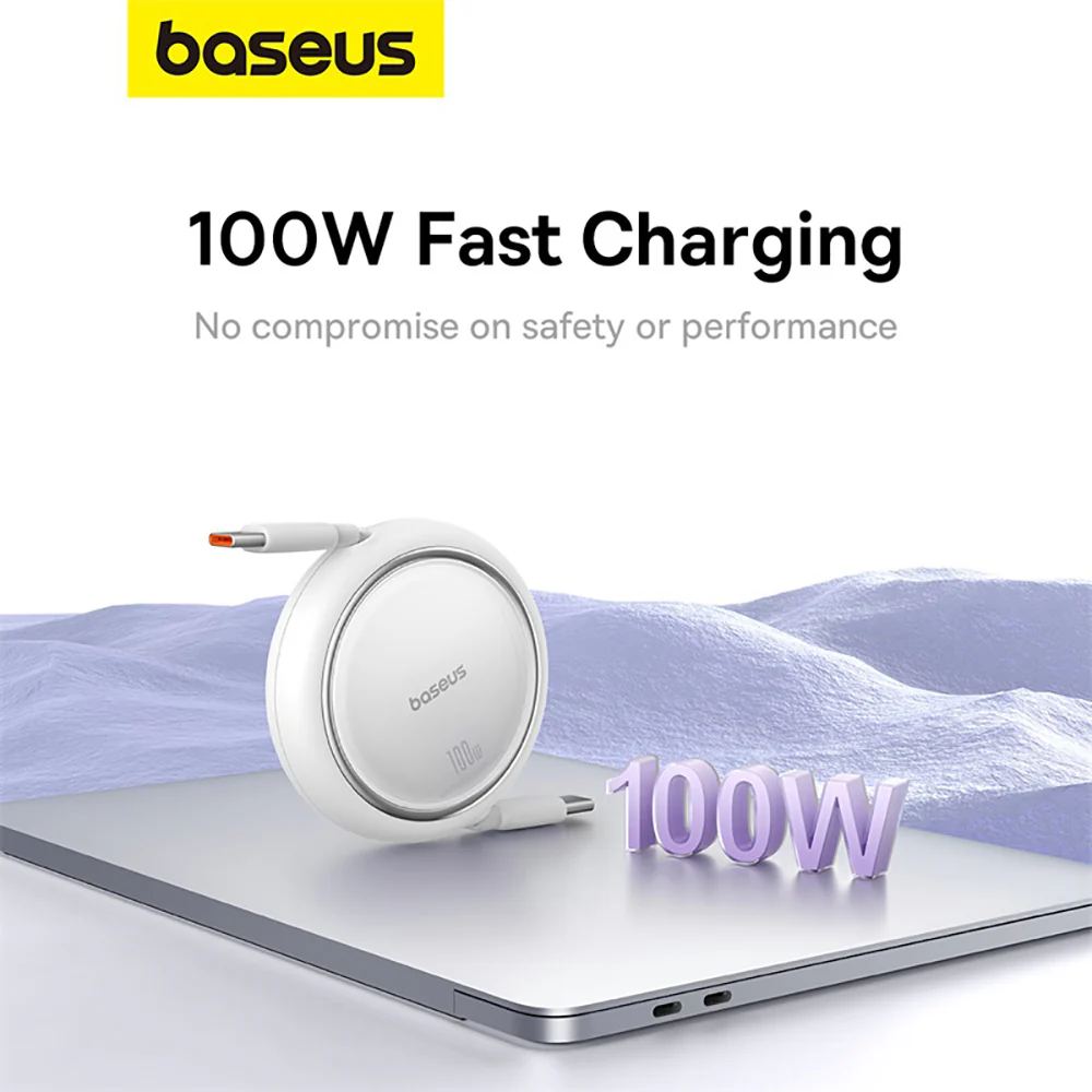 Baseus Mini Series Retractable Fast Charging Cable Type-C to Type-C 100W 1m - Moon White - Image 2