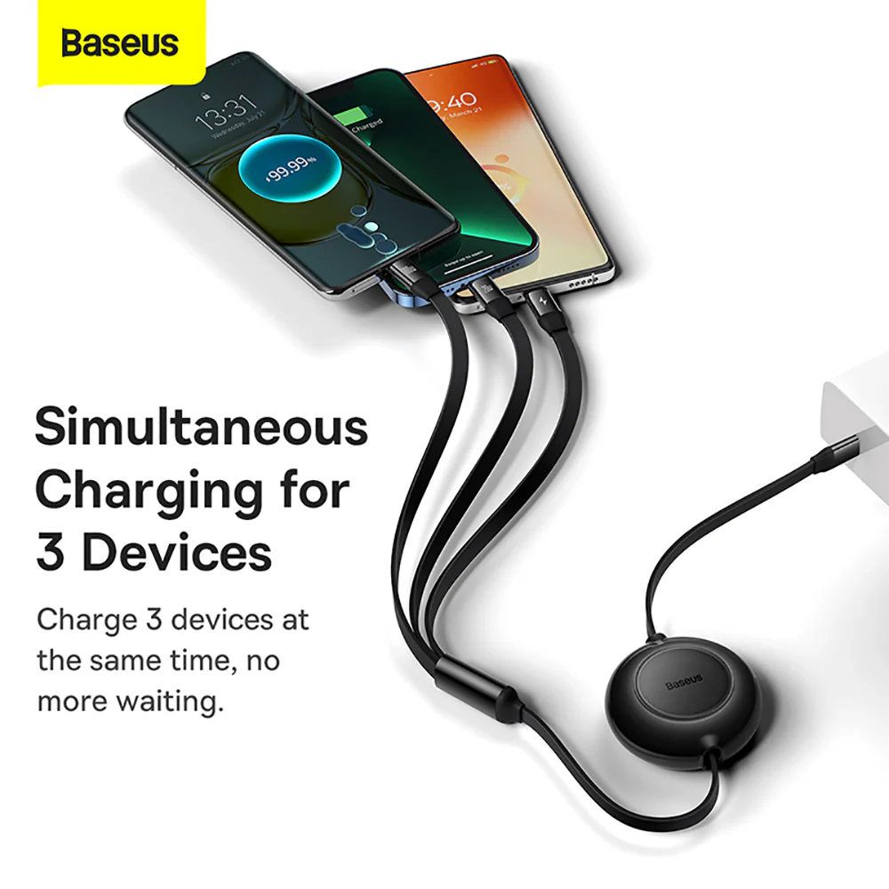 Baseus Mirror Series 2 3-in-1 Retractable Fast Charging Cable Type-C to M+L+C 100W 1.1m Black - Image 4