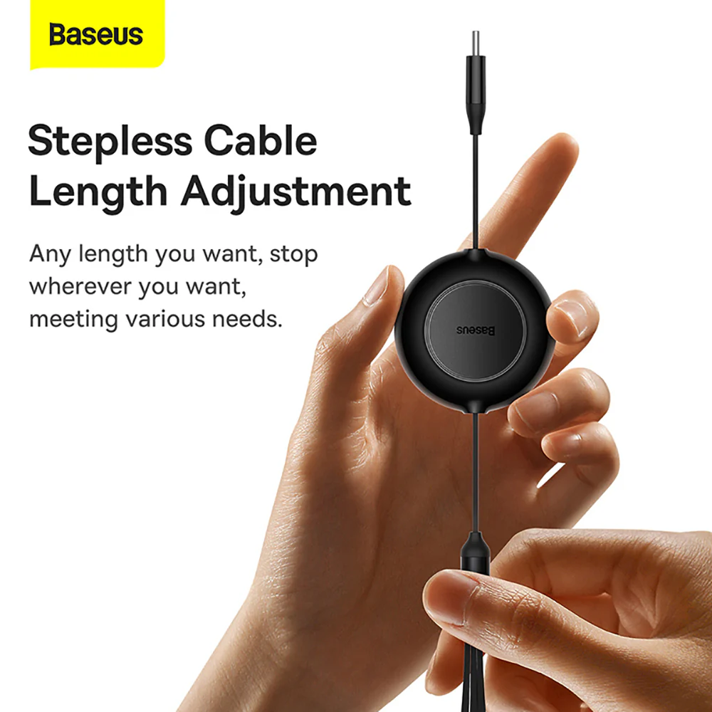 Baseus Mirror Series 2 3-in-1 Retractable Fast Charging Cable Type-C to M+L+C 100W 1.1m Black - Image 5