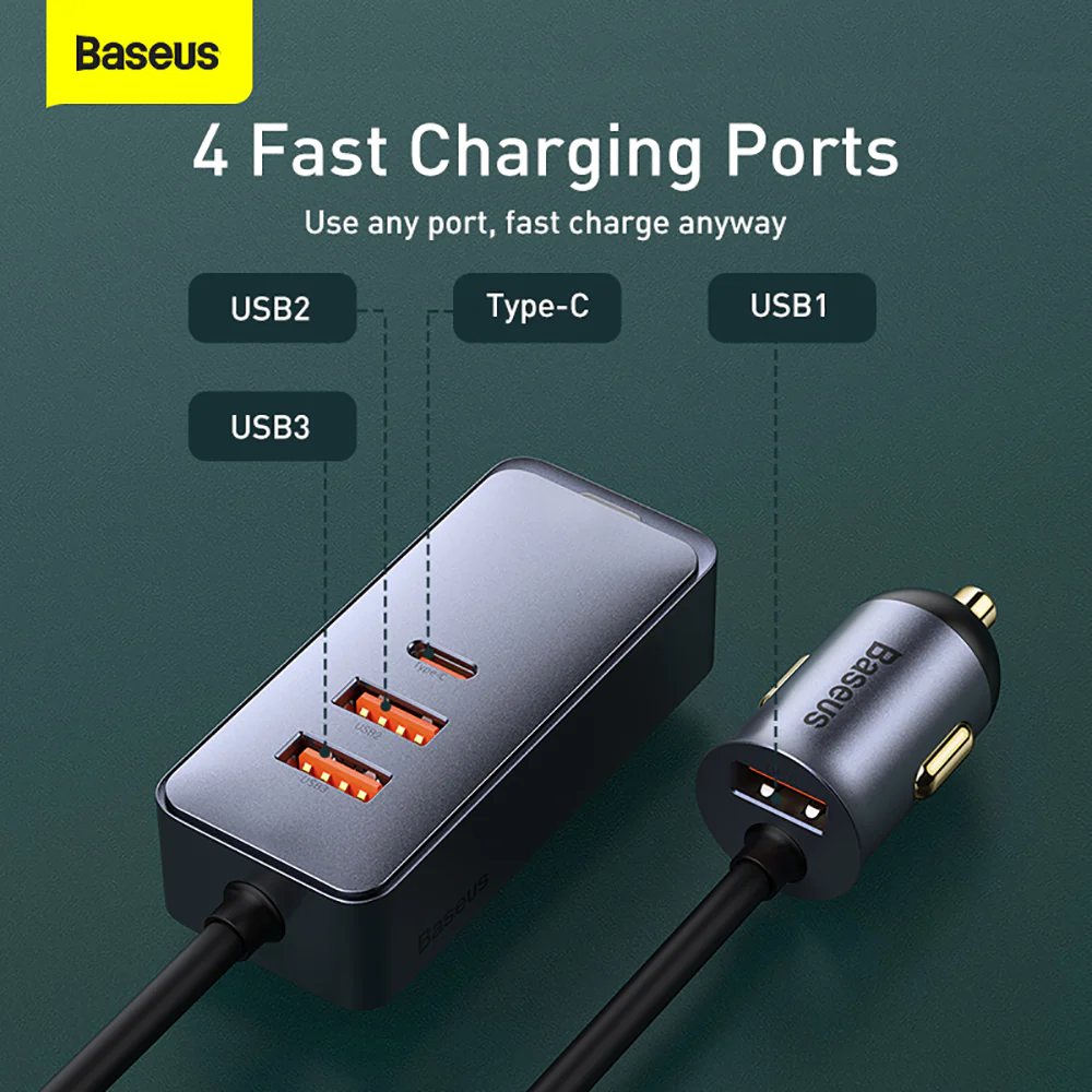 Baseus PPS Multi-port Fast Charging Car Charger with Extension Cord - 120W - Image 2
