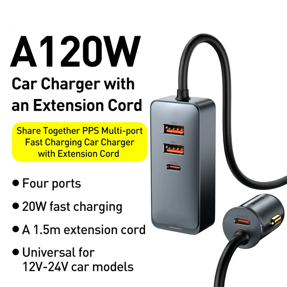 Baseus PPS Multi-port Fast Charging Car Charger with Extension Cord - 120W, Space Gray