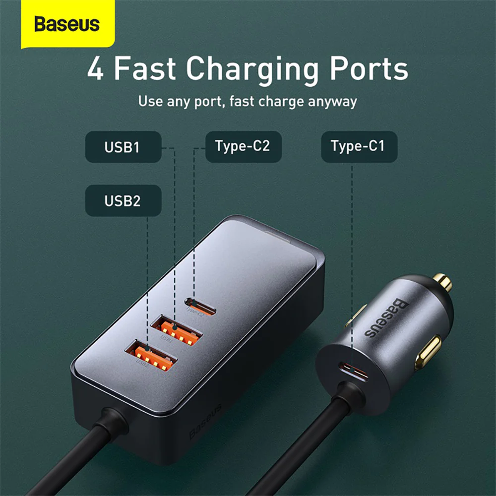 Baseus PPS Multi-port Fast Charging Car Charger with Extension Cord - 120W, Space Gray - Image 2