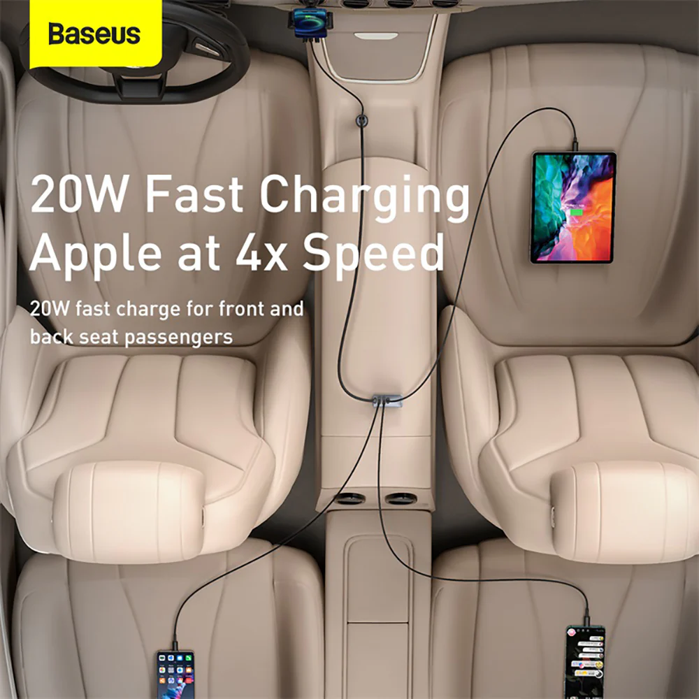 Baseus PPS Multi-port Fast Charging Car Charger with Extension Cord - 120W, Space Gray - Image 3