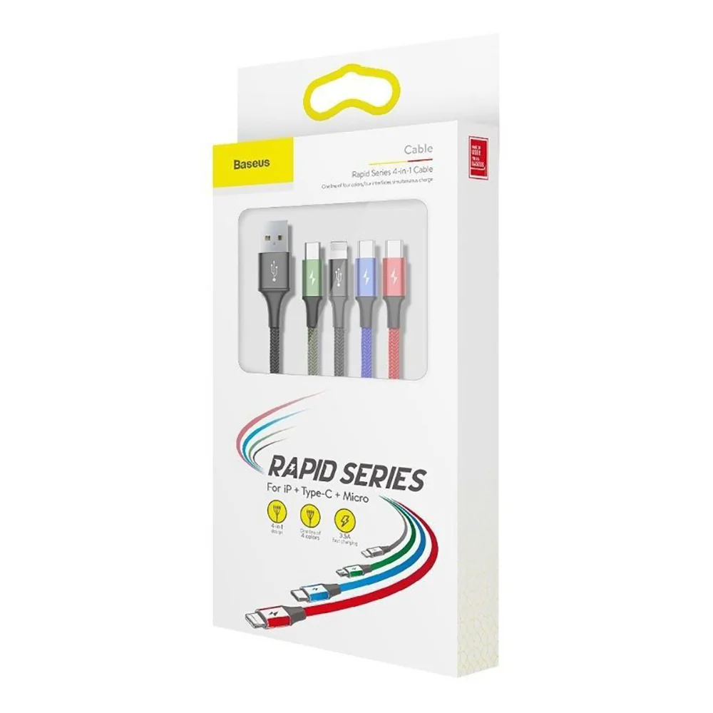Baseus Rapid Series 4-in-1 Charging Cable - Lightning, Dual Type-C, Micro USB, 3.5A, 1.2M, Black - Image 5