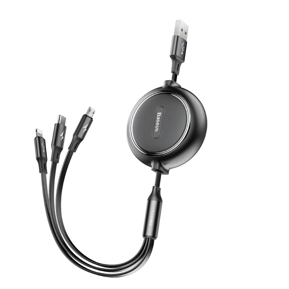 Baseus Retractable 3-in-1 Charging Cable USB for M+L+T 3.5A 1.2m Black