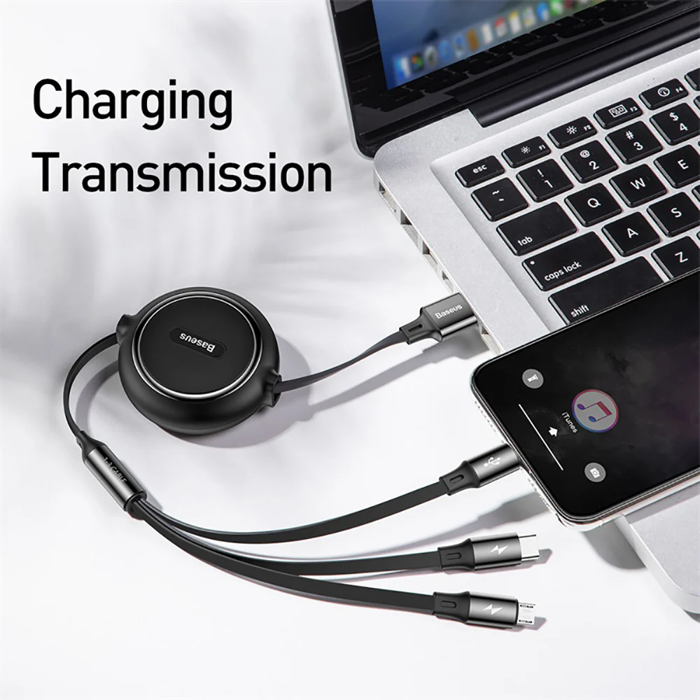Baseus Retractable 3-in-1 Charging Cable USB for M+L+T 3.5A 1.2m Black - Image 2
