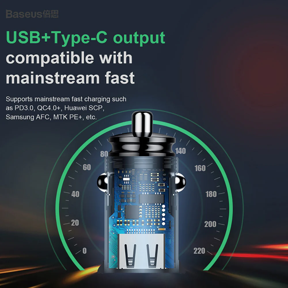 Baseus Round PPS Plastic Smart Car Charger 30W - Black - Image 4
