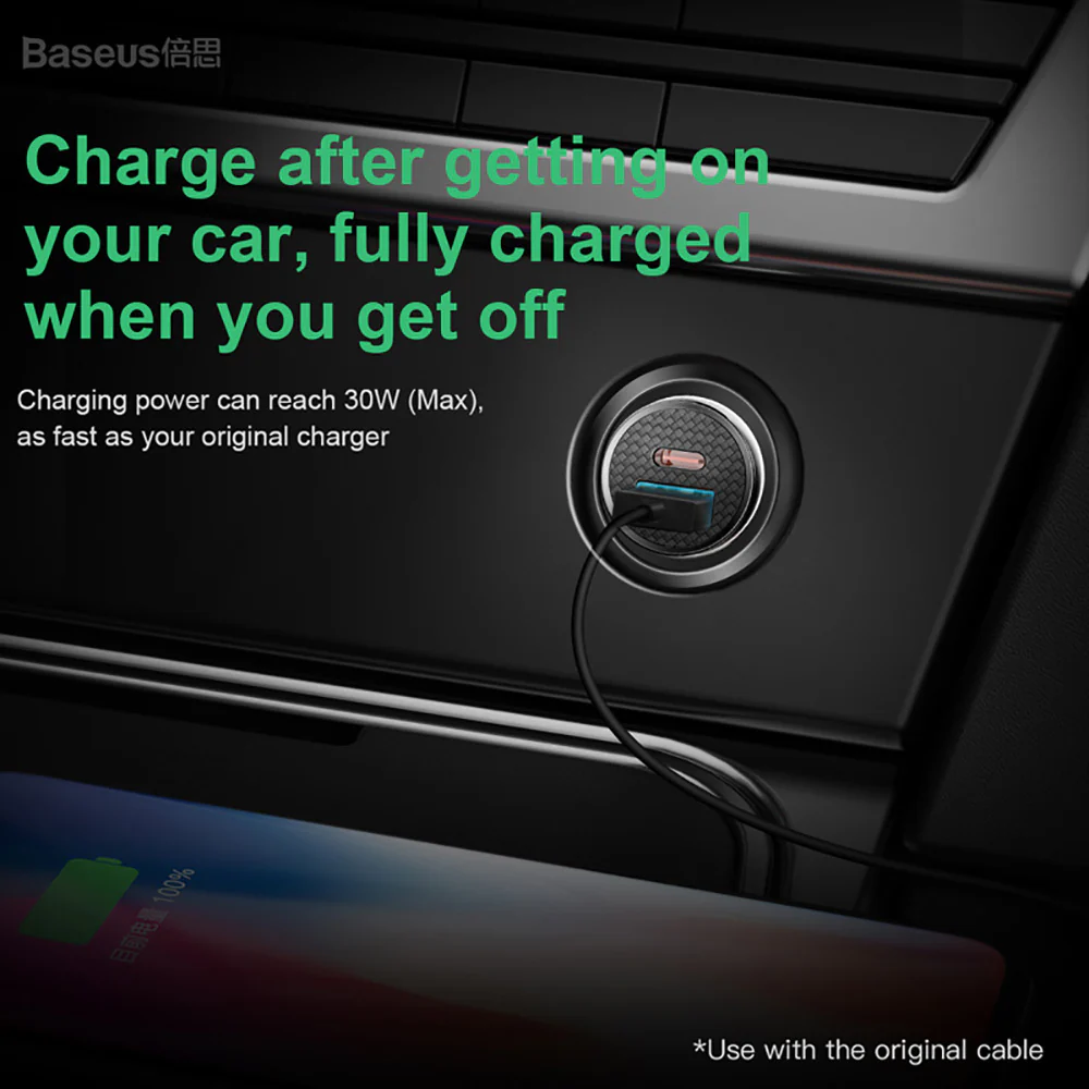 Baseus Round PPS Plastic Smart Car Charger 30W - Black - Image 5