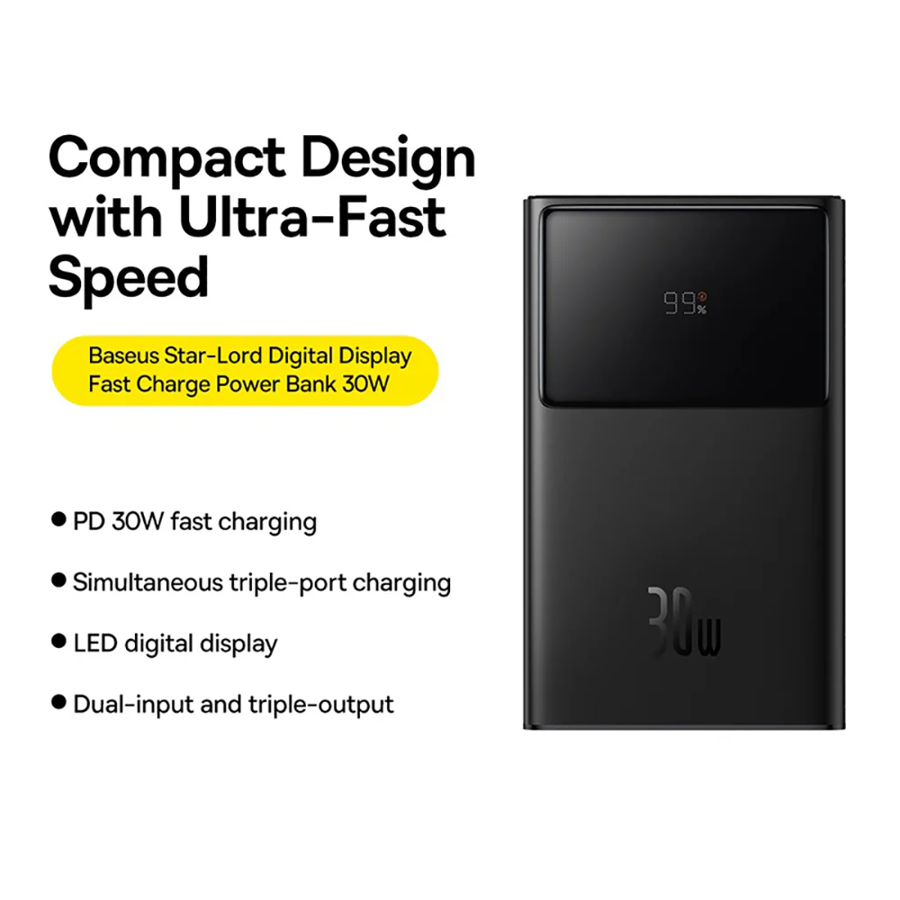 Baseus Star-Lord Digital Display Fast Charge Power Bank 10000mAh 30W - Black - Image 2
