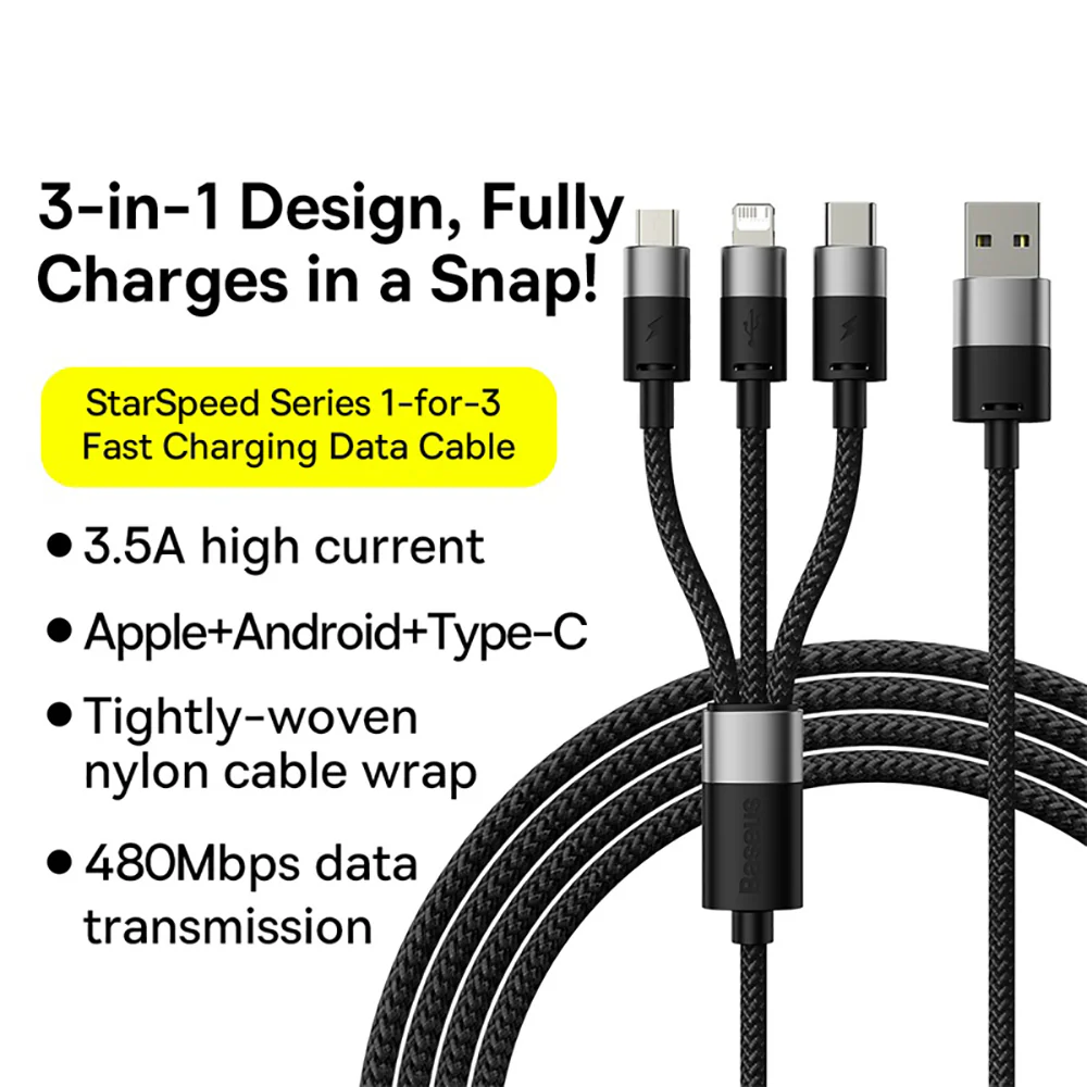 Baseus StarSpeed Series 3-in-1 Fast Charging Cable USB to M+L+C 3.5A 1.2m Black