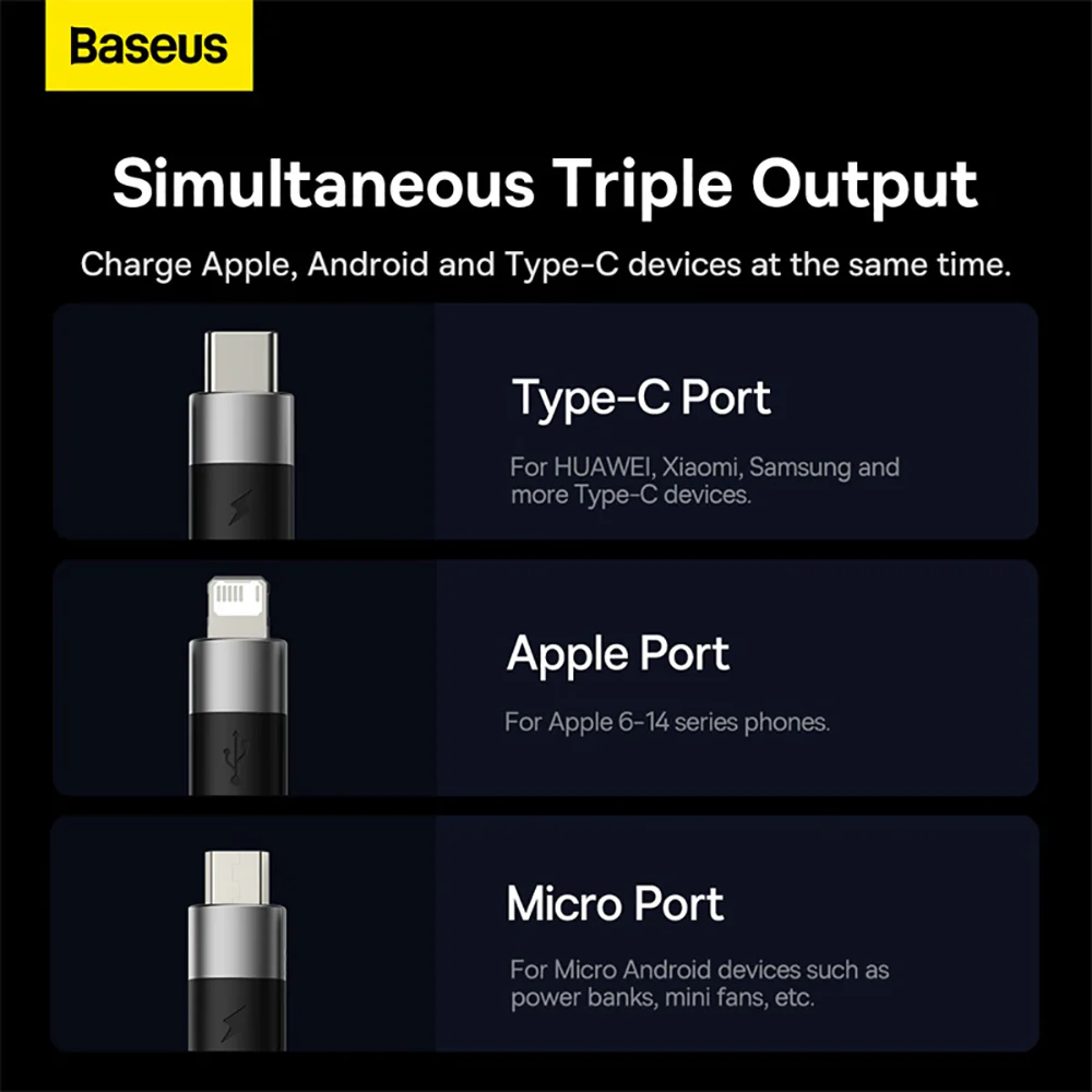 Baseus StarSpeed Series 3-in-1 Fast Charging Cable USB to M+L+C 3.5A 1.2m Black - Image 2