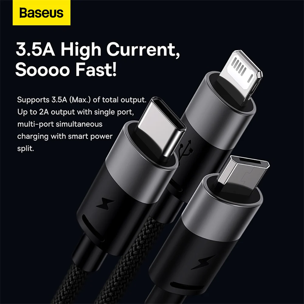 Baseus StarSpeed Series 3-in-1 Fast Charging Cable USB to M+L+C 3.5A 1.2m Black - Image 3