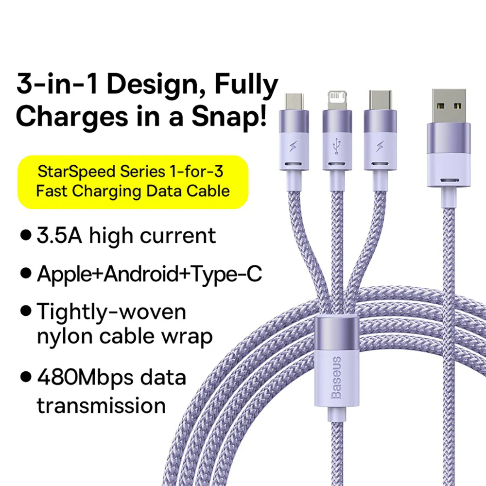 Baseus StarSpeed Series 3-in-1 Fast Charging Data Cable USB to M+L+C 3.5A 1.2m Purple