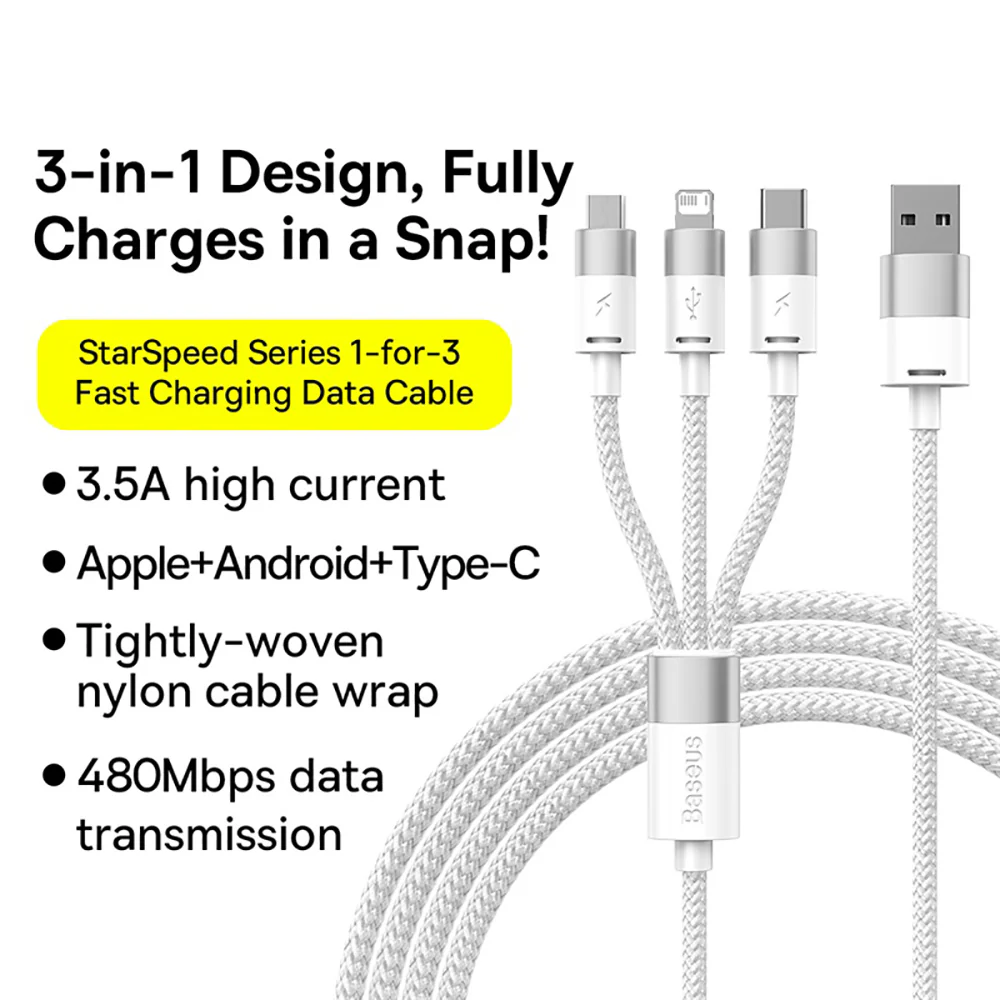 Baseus StarSpeed Series 3-in-1 Fast Charging Data Cable USB to M+L+C 3.5A 1.2m White