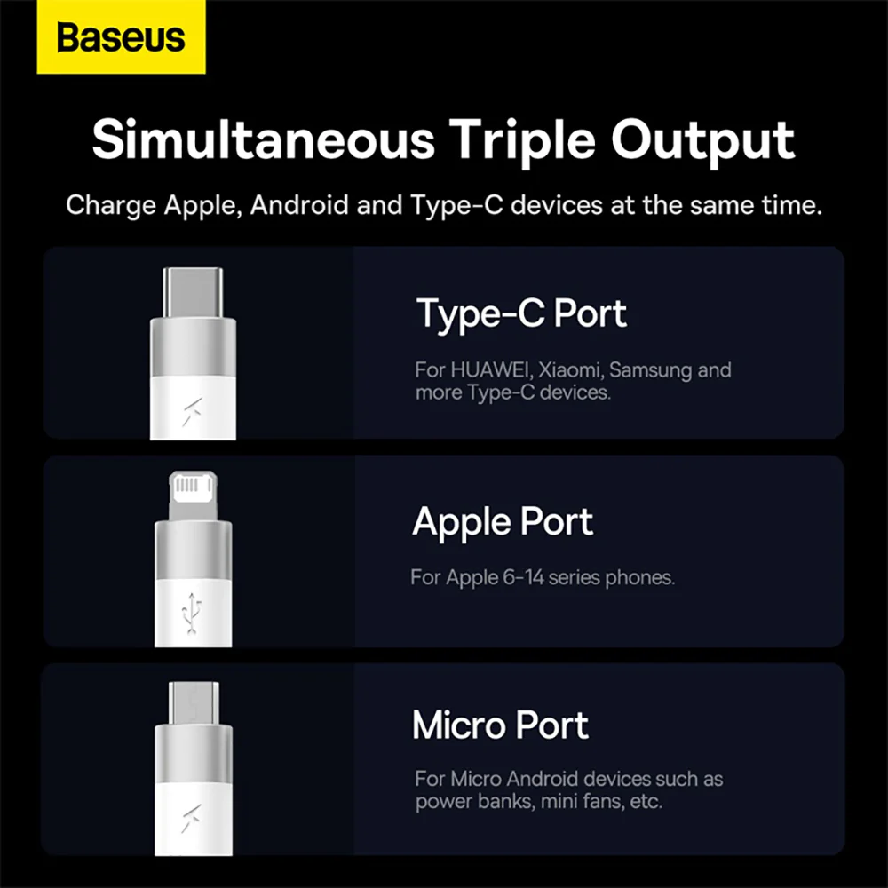 Baseus StarSpeed Series 3-in-1 Fast Charging Data Cable USB to M+L+C 3.5A 1.2m White - Image 2