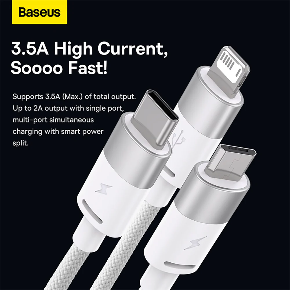 Baseus StarSpeed Series 3-in-1 Fast Charging Data Cable USB to M+L+C 3.5A 1.2m White - Image 3