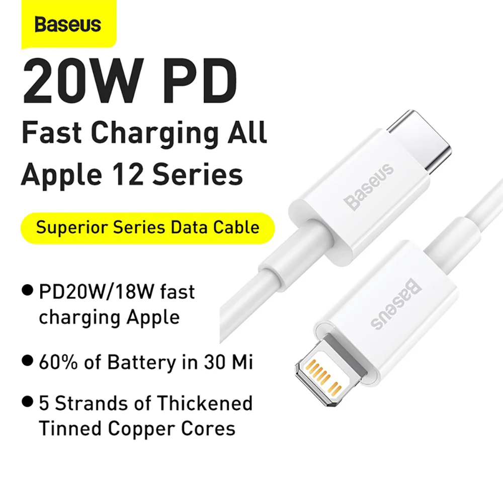Baseus Superior Series Fast Charging Cable Type-C to iP PD 20W 1m White - Image 5
