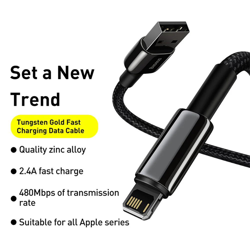 Baseus Tungsten Gold Series Fast Charging Cable USB to IP 2.4A 1m Black