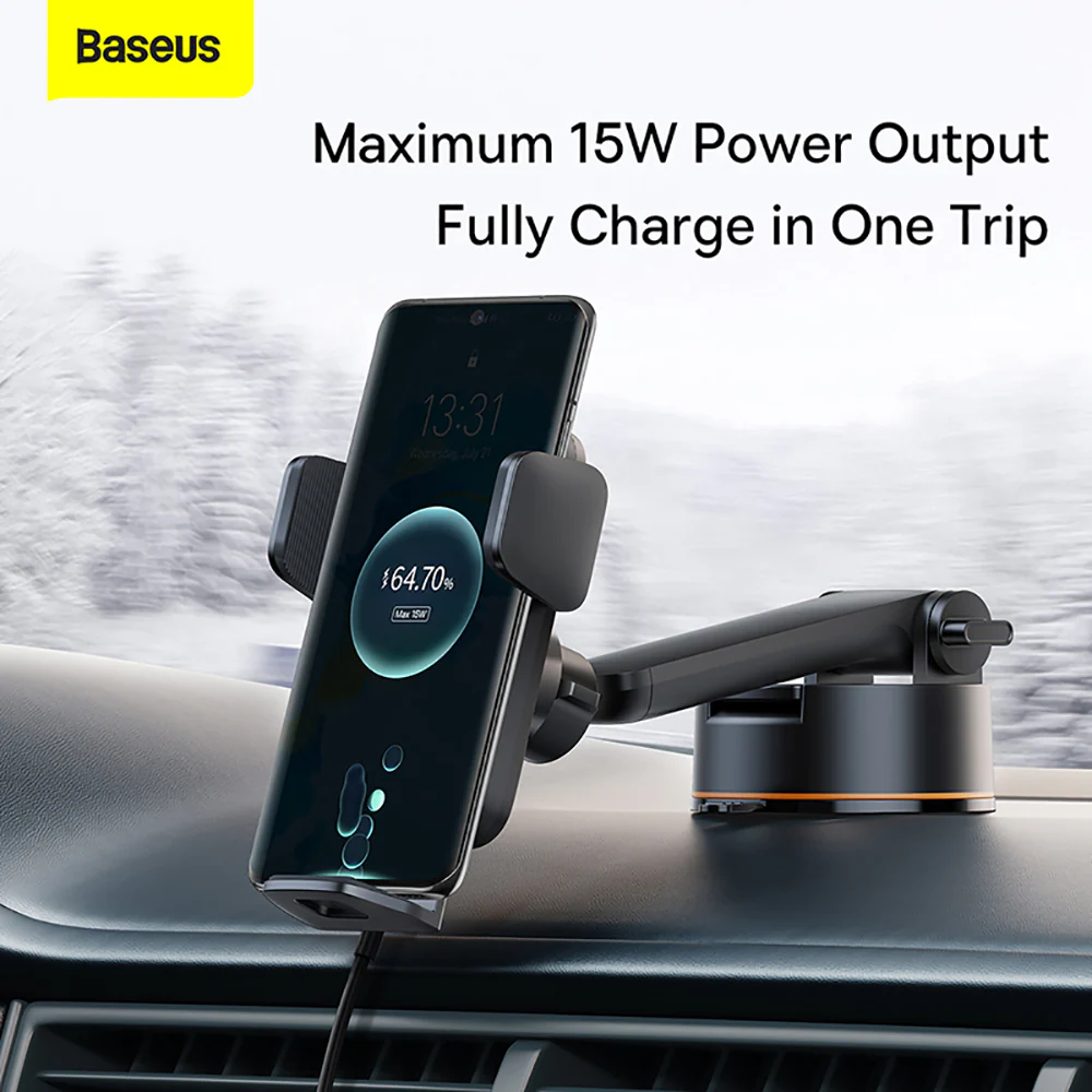 Baseus Wisdom Auto Alignment Car Mount Wireless Charger - 15W Suction Base, Black - Image 4