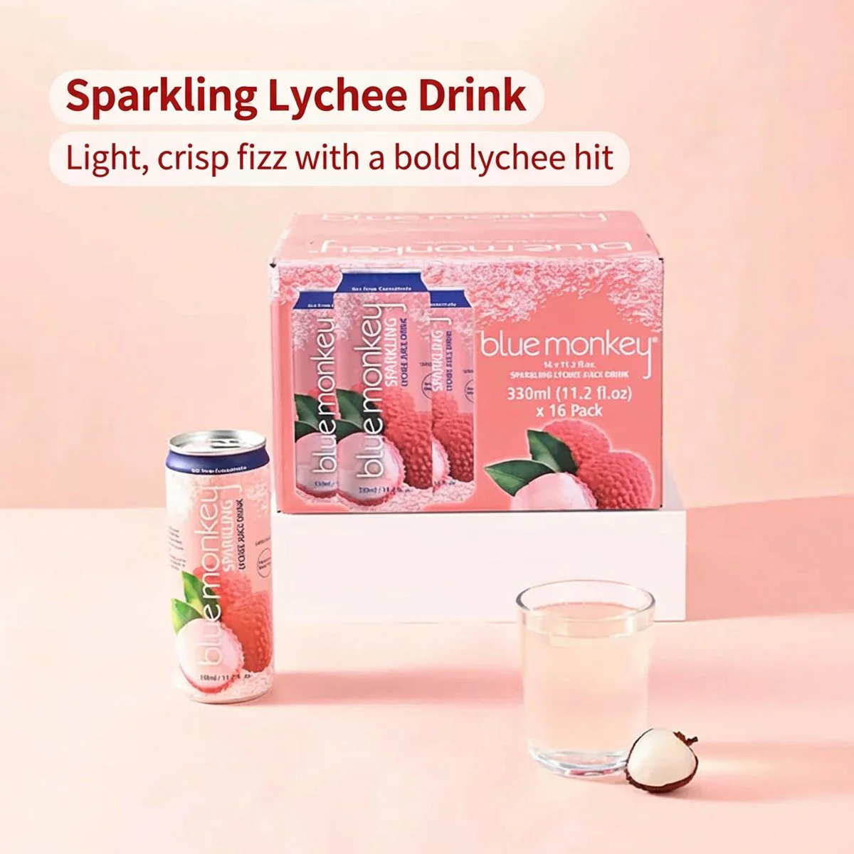 Blue Monkey Sparkling Lychee Juice Drink - 330ml x 16 Pack - Image 2