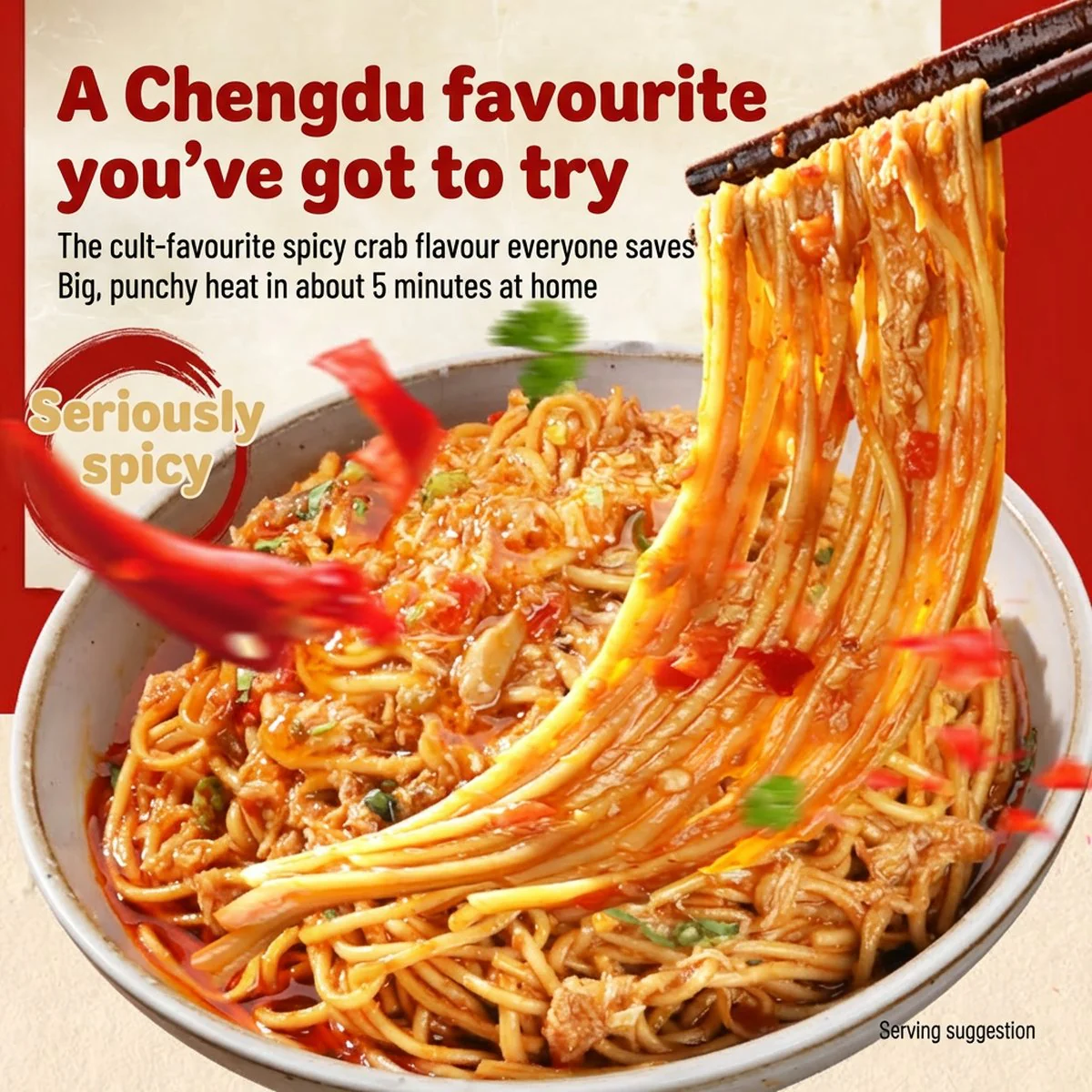Budeng Crab Chengdu-Style Spicy Crab Tossed Noodles 197.5g - Mala Dry Noodle Kit - Image 2