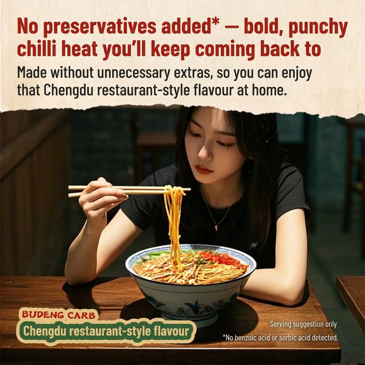 Budeng Crab Chengdu-Style Spicy Crab Tossed Noodles 197.5g - Mala Dry Noodle Kit - Image 3