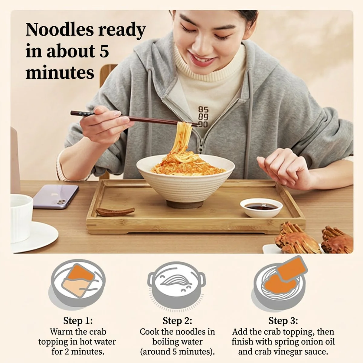 Budeng Crab Suzhou-Style Crab Roe Noodles Black Gold Edition 213g - Ready-to-Cook Noodle Kit - Image 4