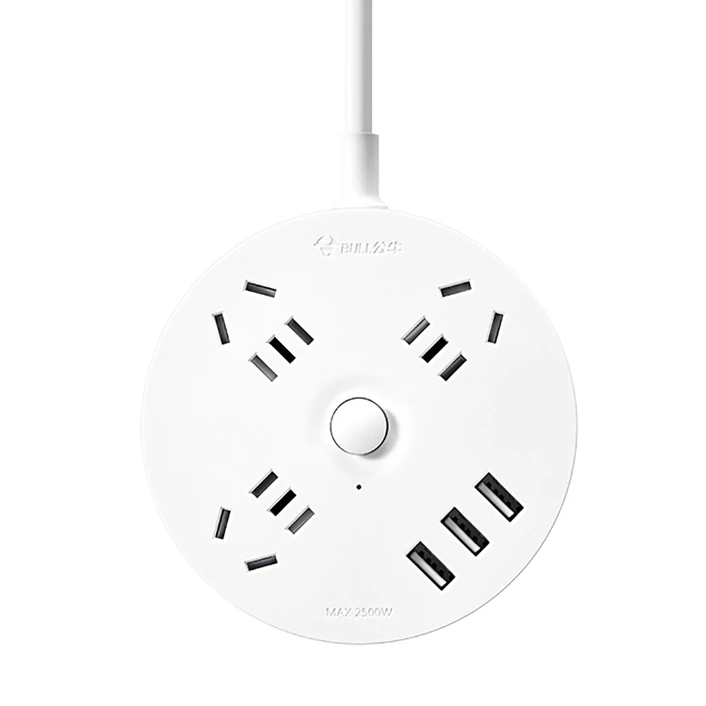 Bull Round Power Strip with 3 Outlets and 3 USB Ports - 1.8m, White