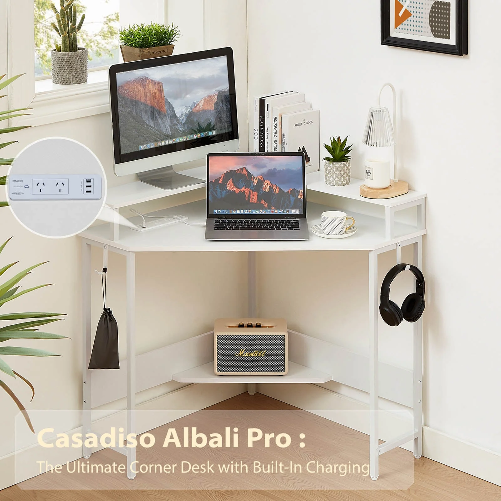 Casadiso L-Shaped Corner Desk with Power Board Smart Gaming Desk with Monitor Charging Station & USB Ports White (Albali) - Image 2
