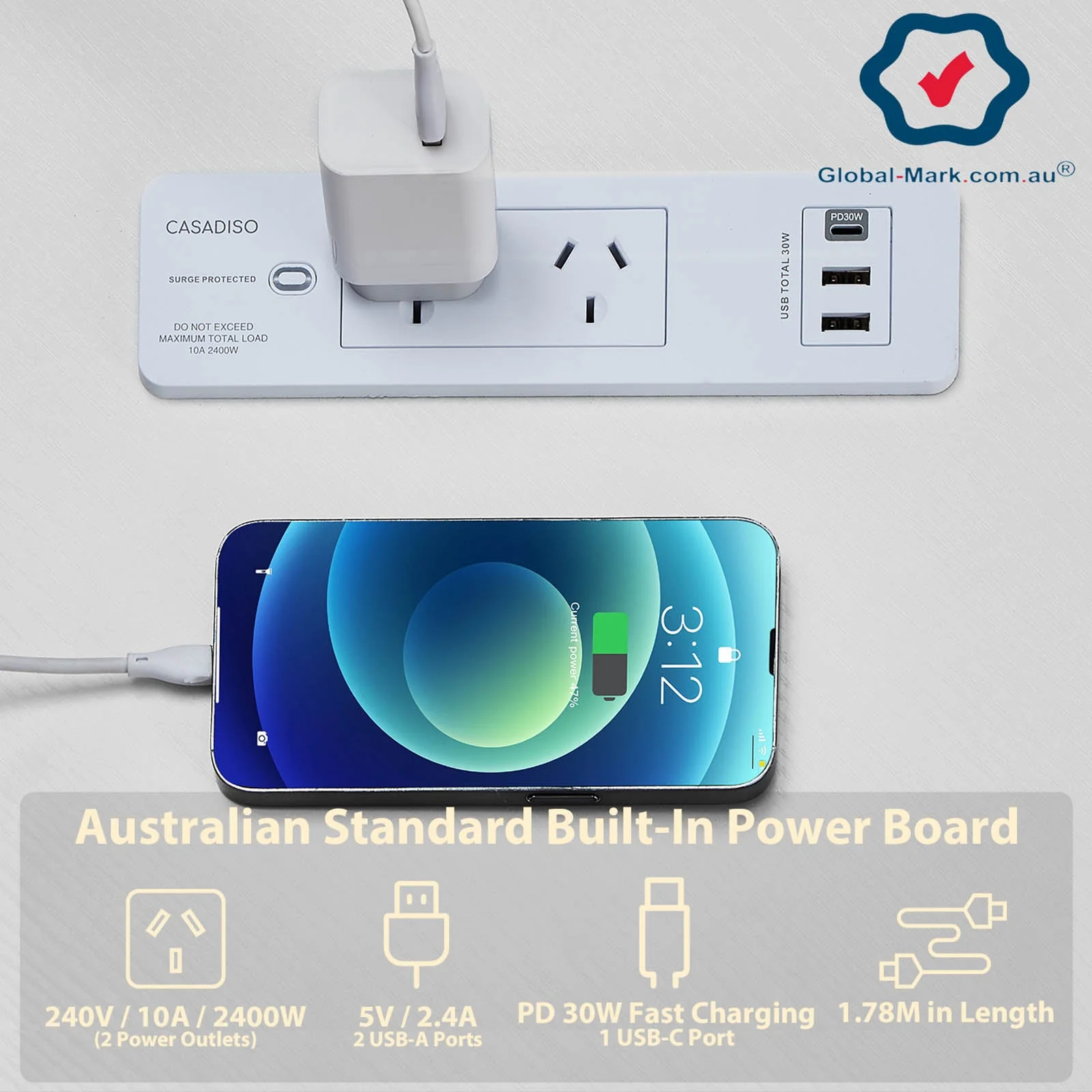 Casadiso L-Shaped Corner Desk with Power Board Smart Gaming Desk with Monitor Charging Station & USB Ports White (Albali) - Image 3