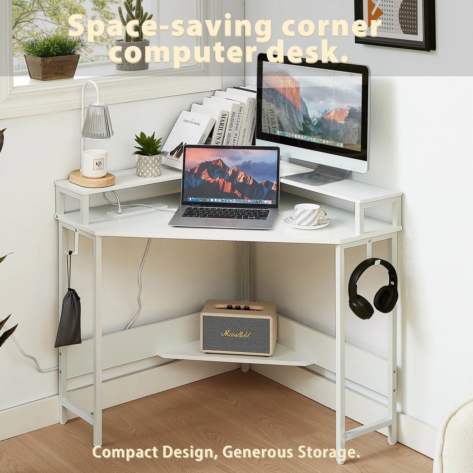 Casadiso L-Shaped Corner Desk with Power Board Smart Gaming Desk with Monitor Charging Station & USB Ports White (Albali) - Image 5