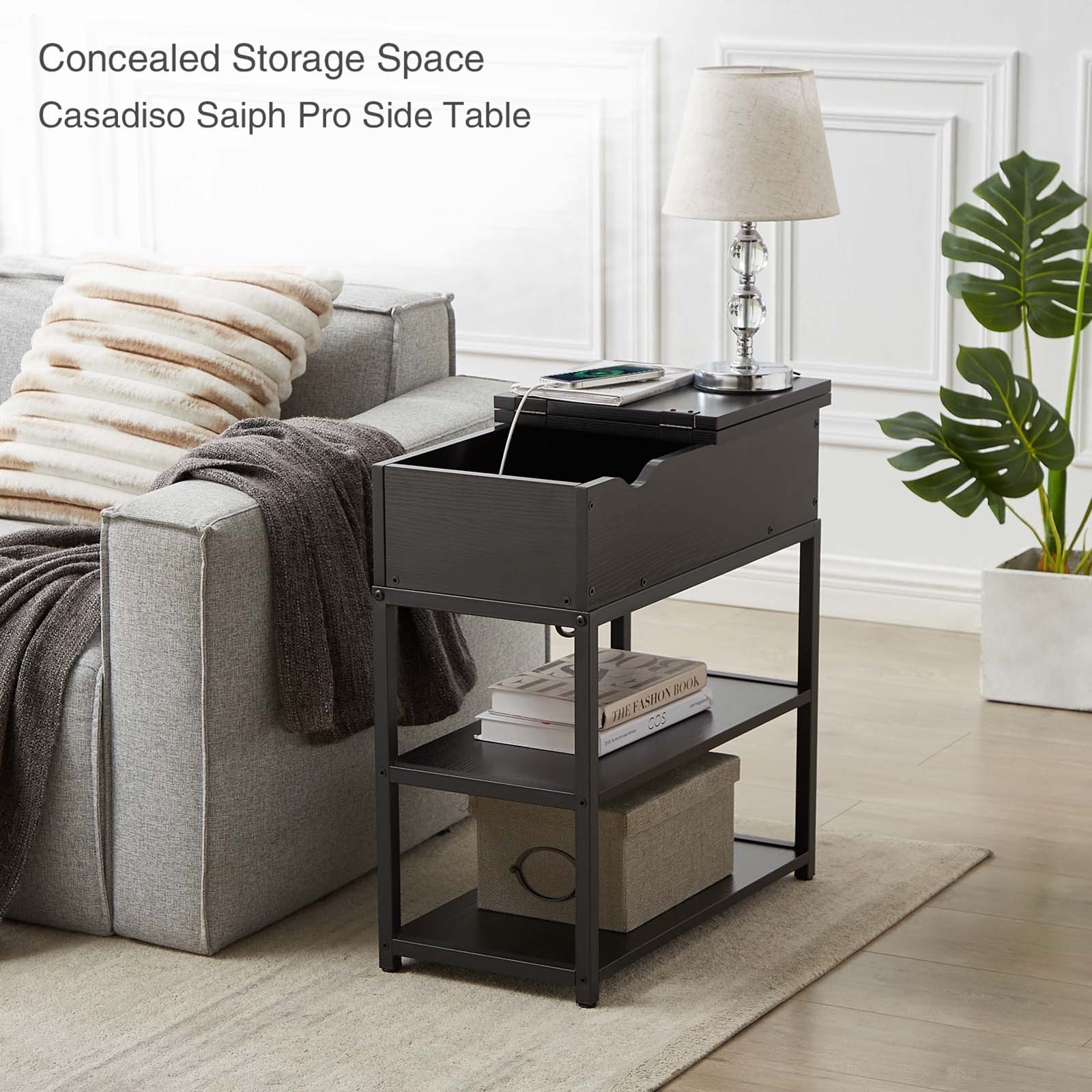 Casadiso 3-Tier Sofa Side Table with Australian Charging Station Narrow Coffee Table with Drawer USB C Power Board with Fast Charging(Saiph) - Image 4