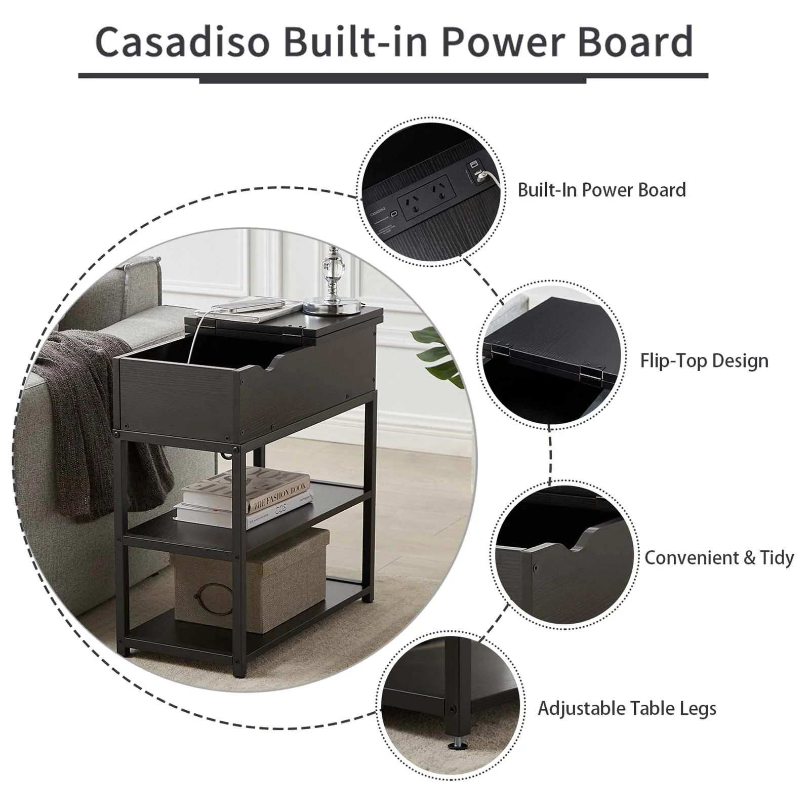 Casadiso 3-Tier Sofa Side Table with Australian Charging Station Narrow Coffee Table with Drawer USB C Power Board with Fast Charging(Saiph) - Image 6