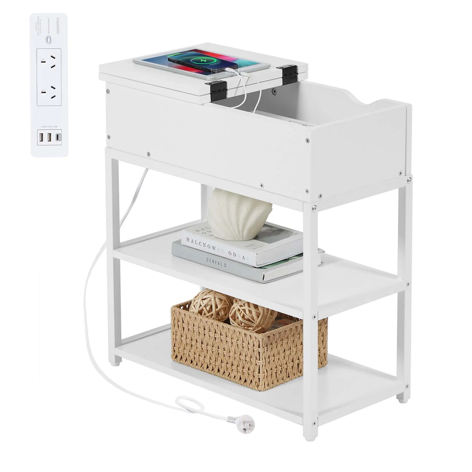 Casadiso 3-Tier Sofa Side Table with Australian Charging Station Narrow Coffee Table with Drawer USB C Power Board with Fast Charging(Saiph) - Image 8