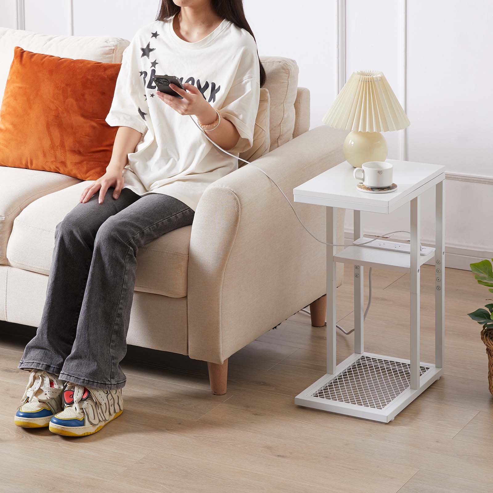 Casadiso Sofa Side Table with Australian Charging Station Narrow Bedside Table with Powerboard C-Shaped Coffee Table with USB C Fasting Charging (Mintaka) - Image 2