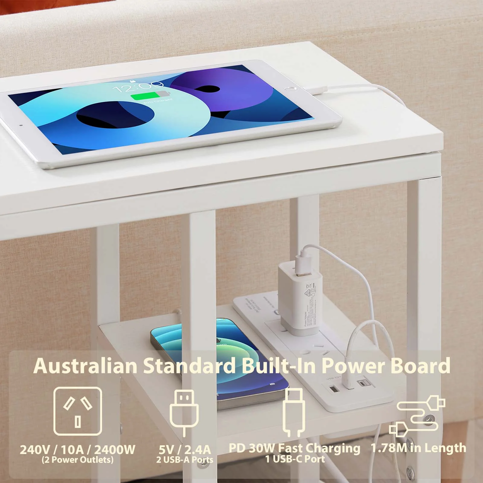 Casadiso Sofa Side Table with Australian Charging Station Narrow Bedside Table with Powerboard C-Shaped Coffee Table with USB C Fasting Charging (Mintaka) - Image 4