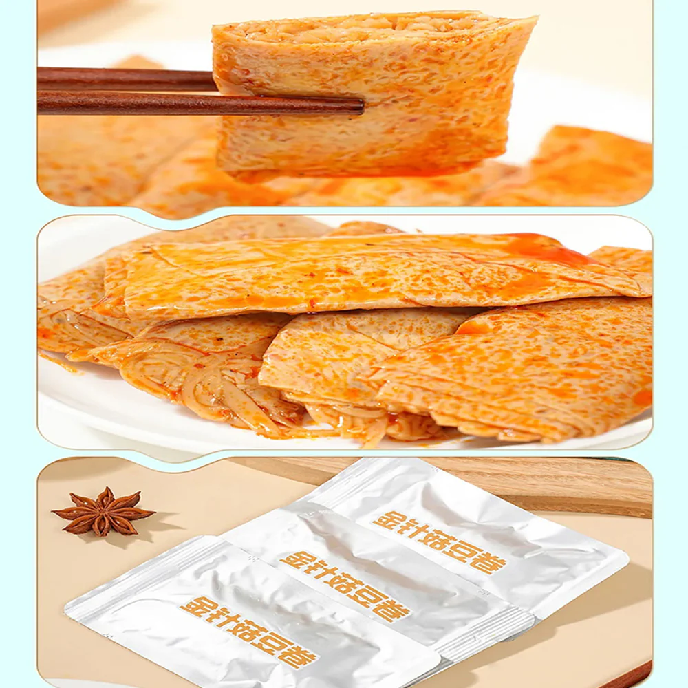 Chaoyouwei Spicy Enoki Mushroom Tofu Rolls 100g - Tofu Skin (Yuba) Snack - Image 2
