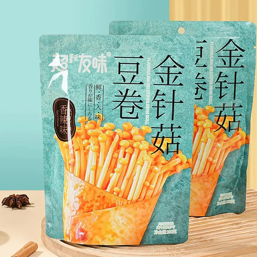 Chaoyouwei Spicy Enoki Mushroom Tofu Rolls 100g - Tofu Skin (Yuba) Snack - Image 4