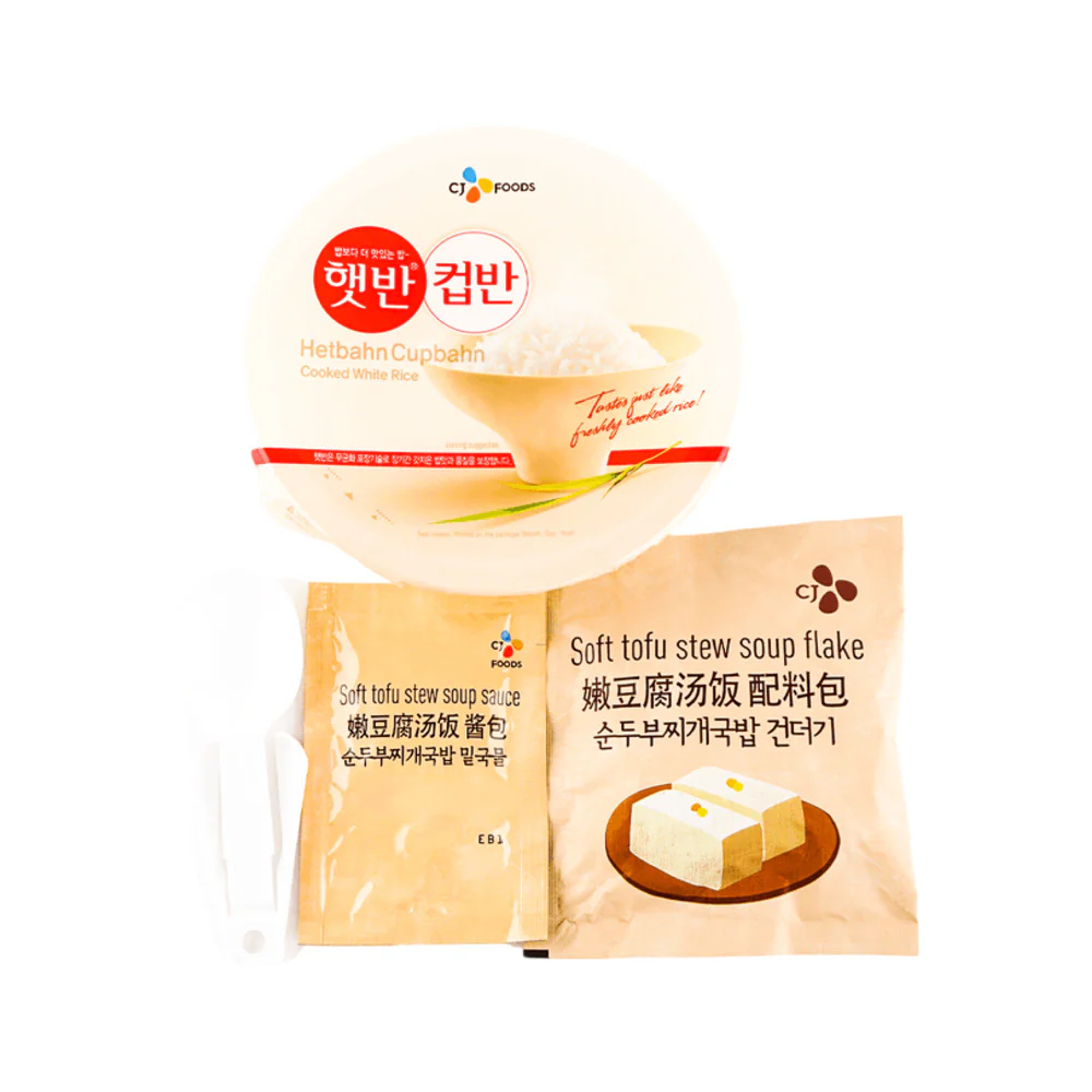 CJ Hetbahn Cupban Cooked White Rice with Soft Tofu Stew Mix 173g - Sundubu Jjigae - Image 2