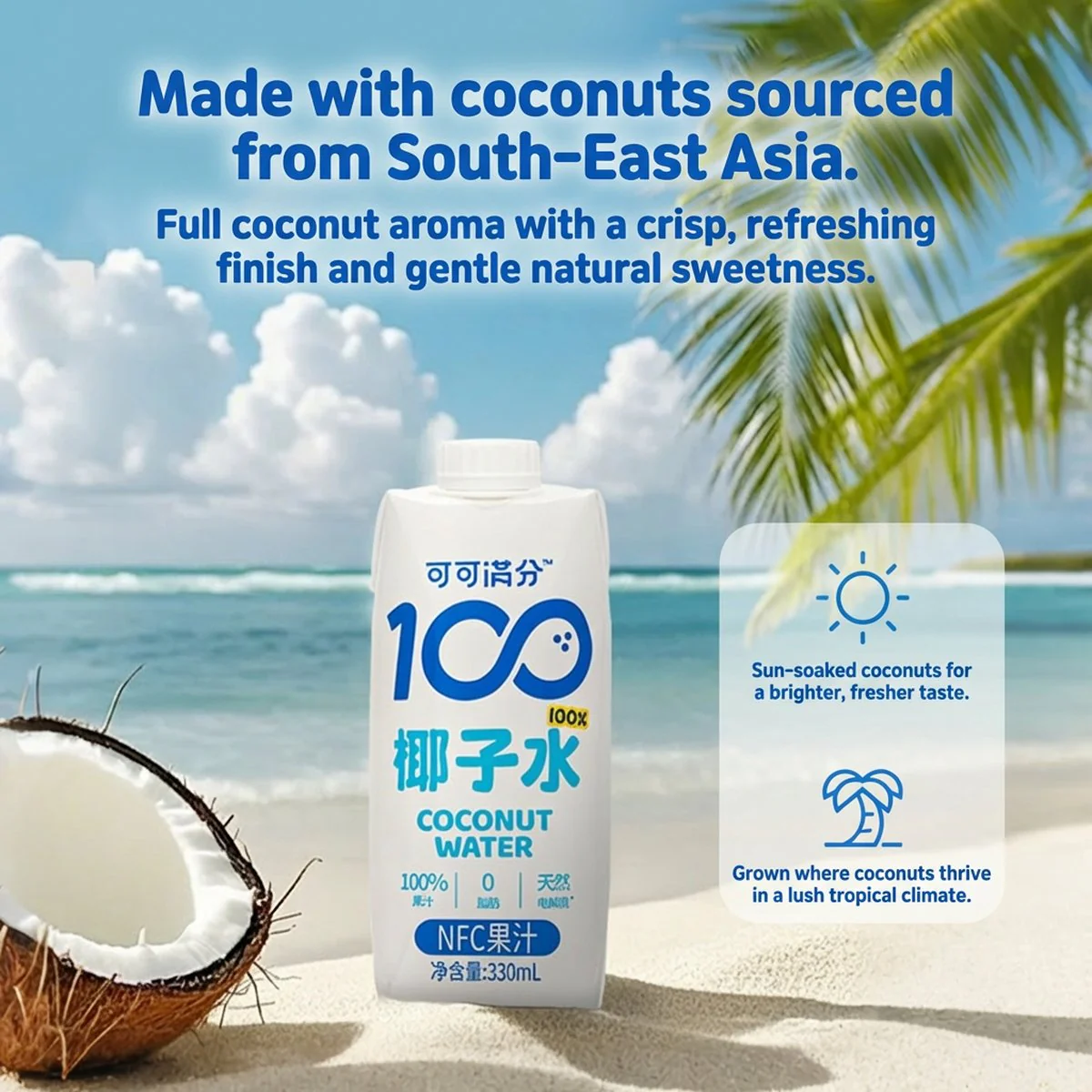 Coco 100 Coconut Water 330ml – 100% Juice, Not From Concentrate (NFC) - Image 2